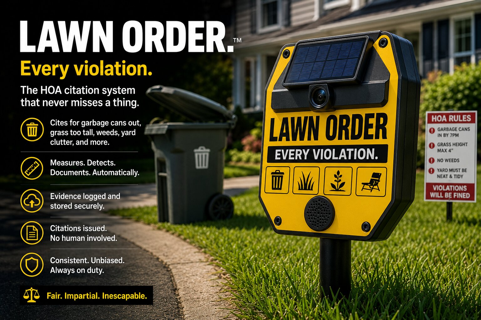 LawnOrder™ product poster: a solar-powered HOA citation camera staked into a lawn — Fair. Impartial. Inescapable.